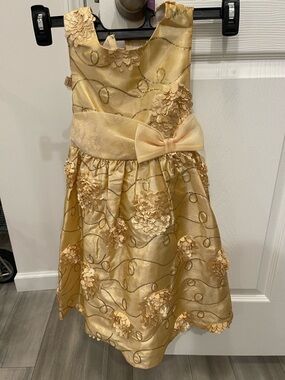 Rare Editions Gold Floral Applique Party Dress with Bow